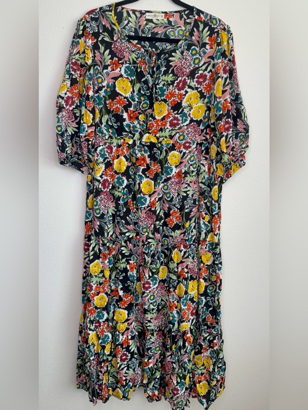 Natural Life Dress Sage V Neck Maxi Tiered Black floral Red Multi Yellow Accents - Picture 2 of 8